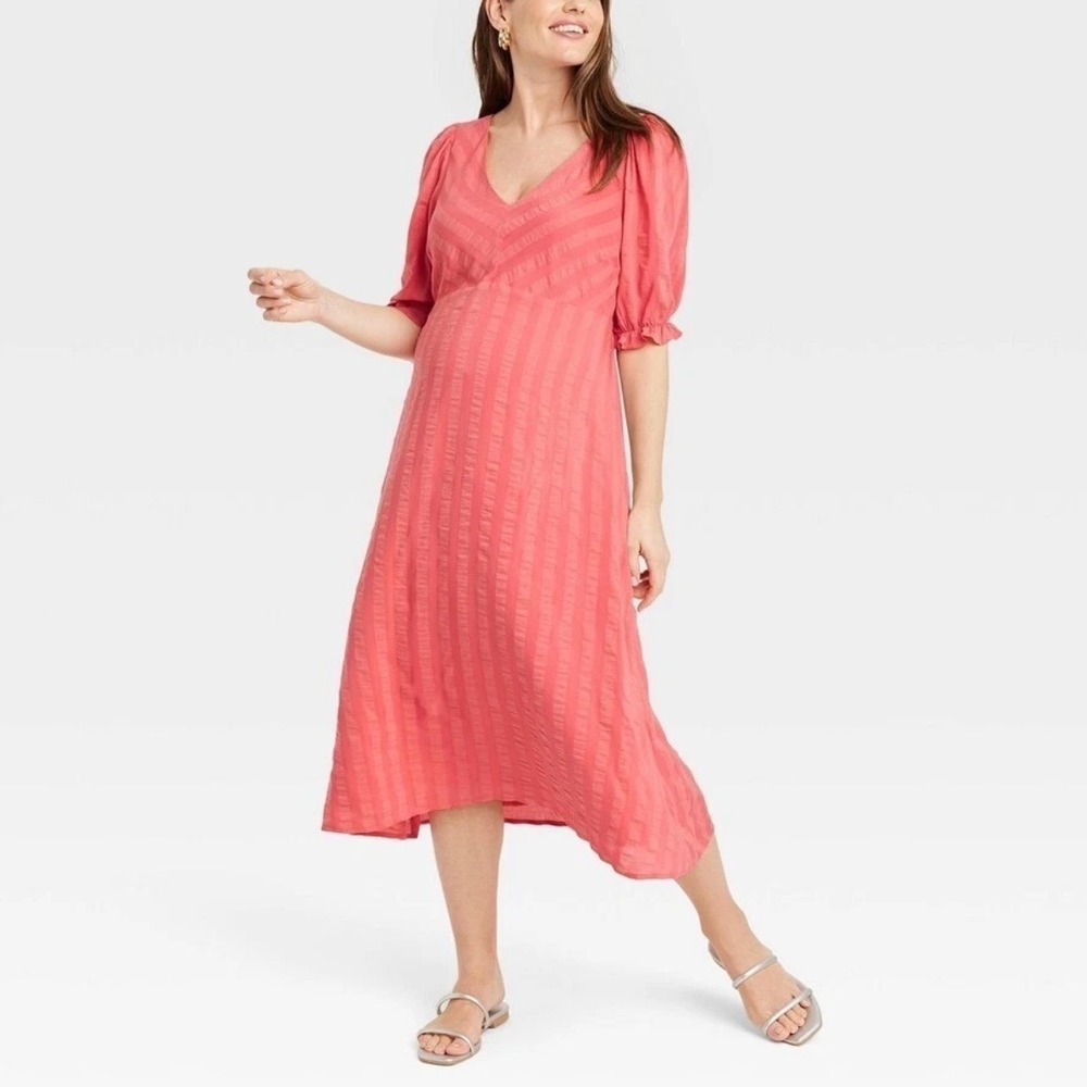 The Nines By Hatch Coral Pink Tonal Striped Maternity Dress Medium‎